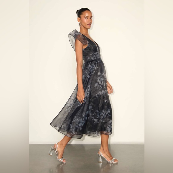 Lulus Mesmerizing Mood Black Floral Organza Ruffled A-Line Midi Dress Size XXL - Picture 5 of 12